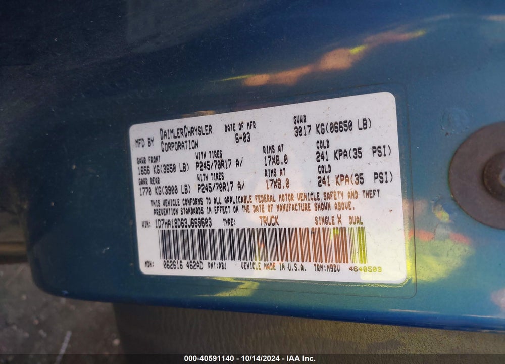 2003 DODGE RAM 1500 SLT/LARAMIE/ST VIN: 1D7HA18D63J669603