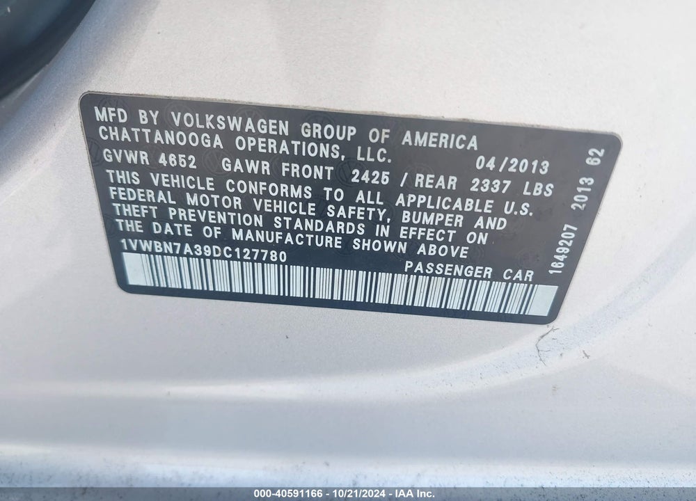 2013 VOLKSWAGEN PASSAT 2.0L TDI SE VIN: 1VWBN7A39DC127780