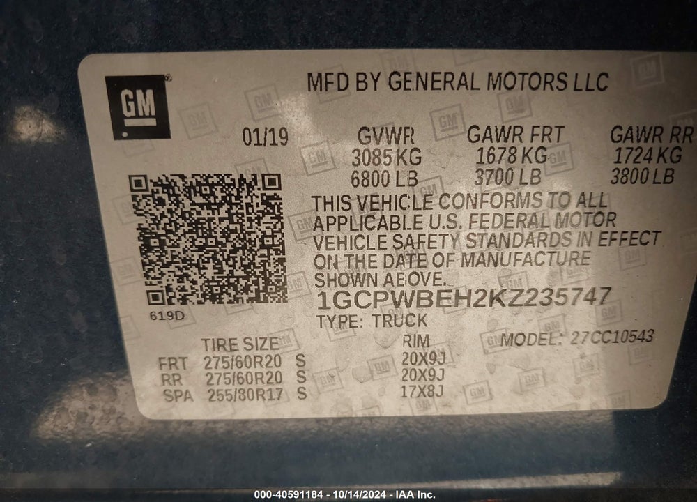 2019 CHEVROLET SILVERADO 1500 CUSTOM VIN: 1GCPWBEH2KZ235747