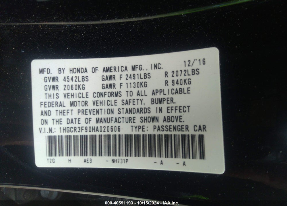 2017 HONDA ACCORD TOURING V6 VIN: 1HGCR3F90HA020606