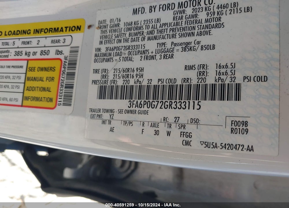 2016 FORD FUSION S VIN: 3FA6P0G72GR333115