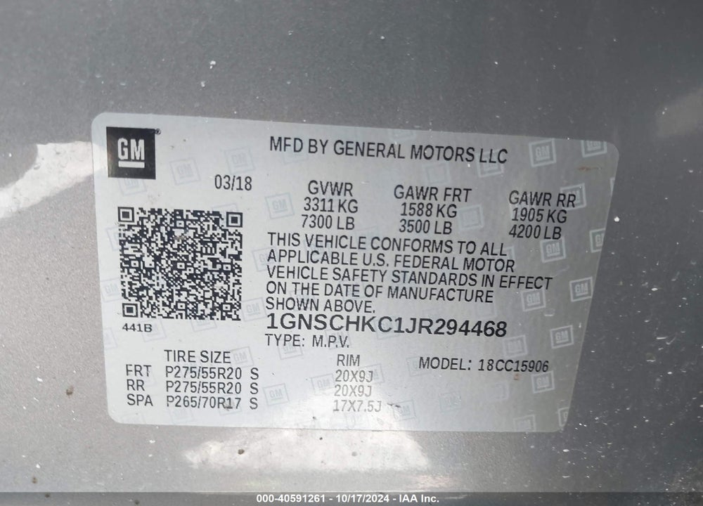 2018 CHEVROLET SUBURBAN LT VIN: 1GNSCHKC1JR294468