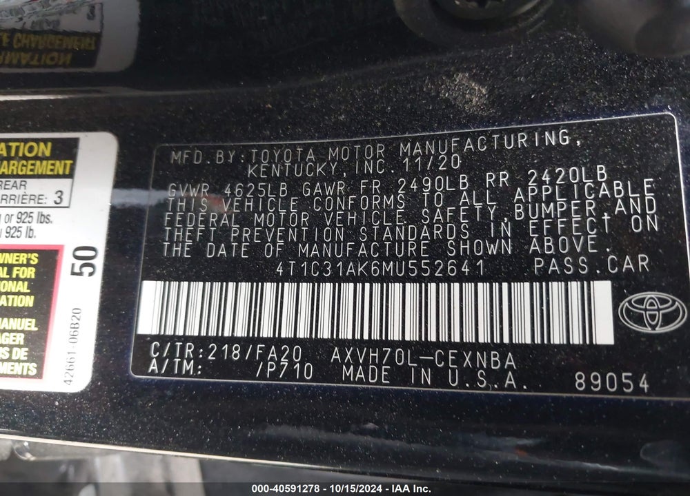 2021 TOYOTA CAMRY LE HYBRID VIN: 4T1C31AK6MU552641