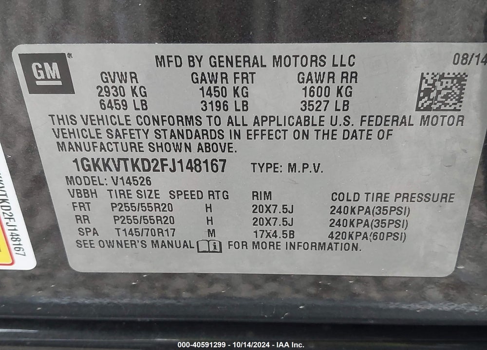 2015 GMC ACADIA DENALI VIN: 1GKKVTKD2FJ148167