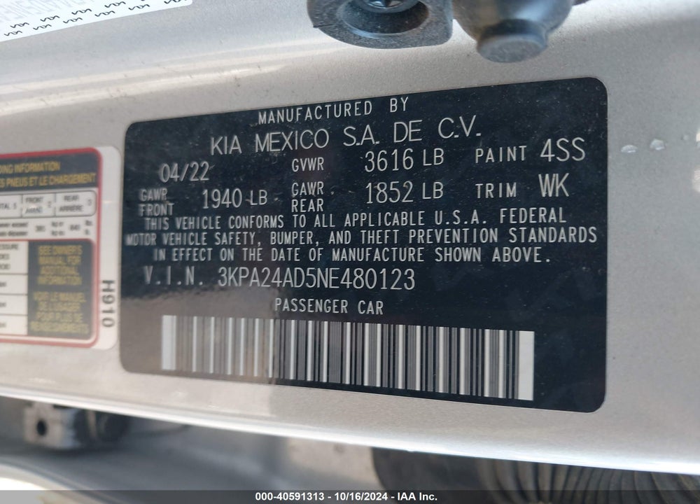 2022 KIA RIO S VIN: 3KPA24AD5NE480123