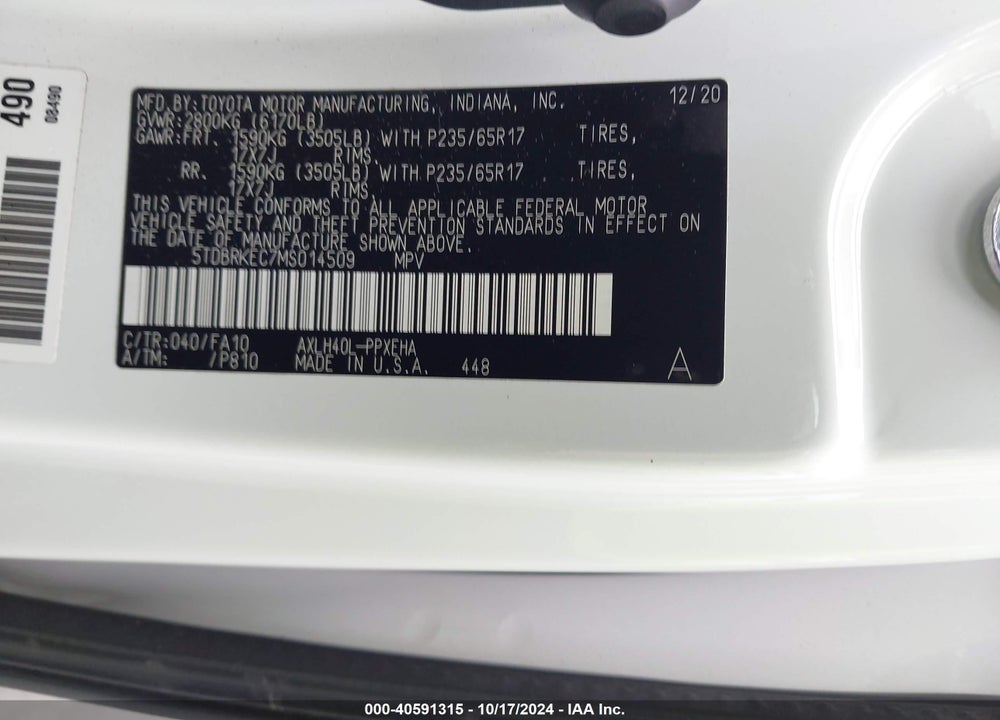 2021 TOYOTA SIENNA LE VIN: 5TDBRKEC7MS014509