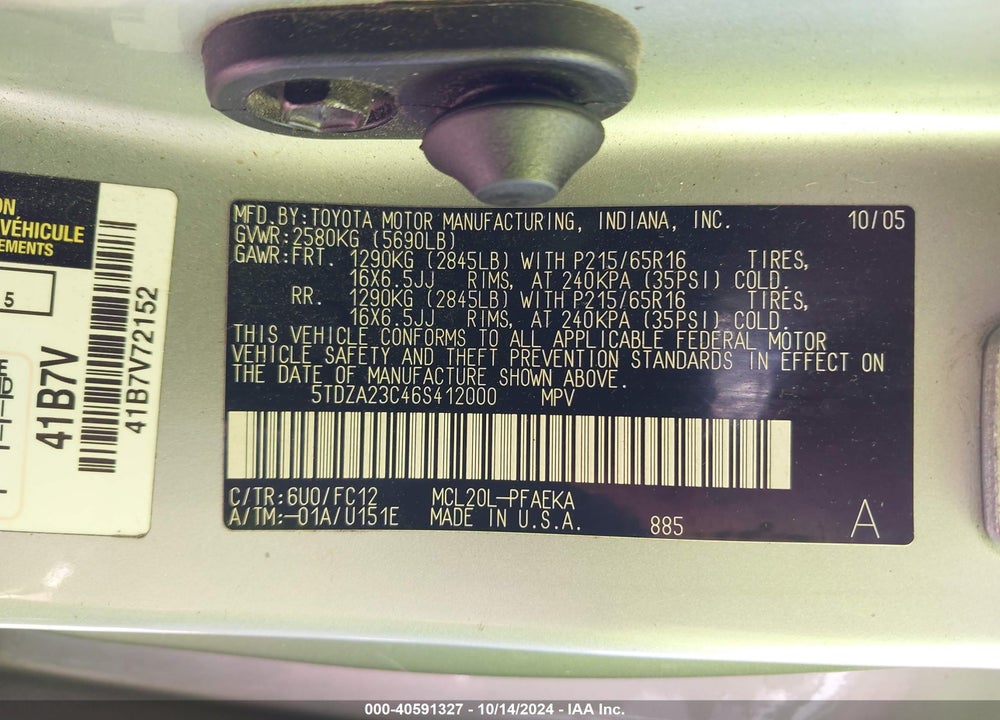 2006 TOYOTA SIENNA LE VIN: 5TDZA23C46S412000