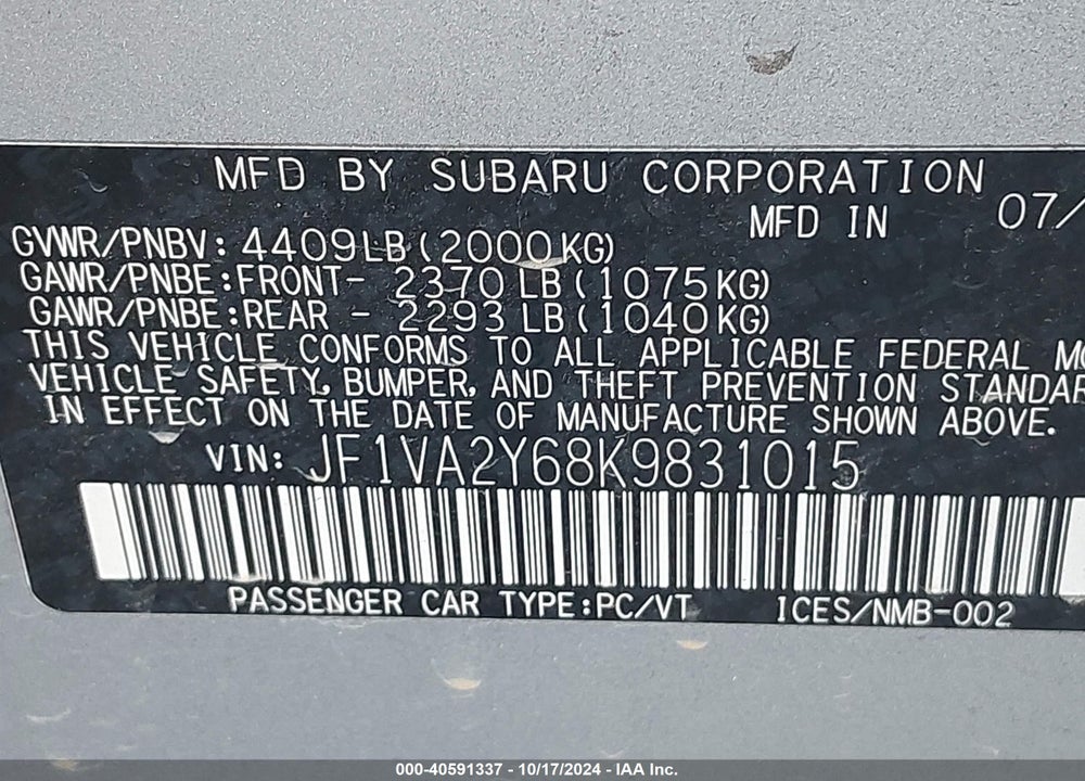2019 SUBARU WRX STI LIMITED VIN: JF1VA2Y68K9831015