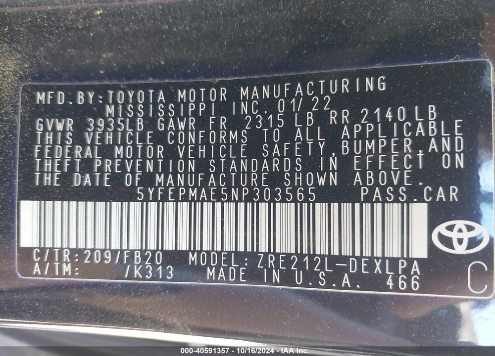 2022 TOYOTA COROLLA VIN: 5YFEPMAE5NP303565