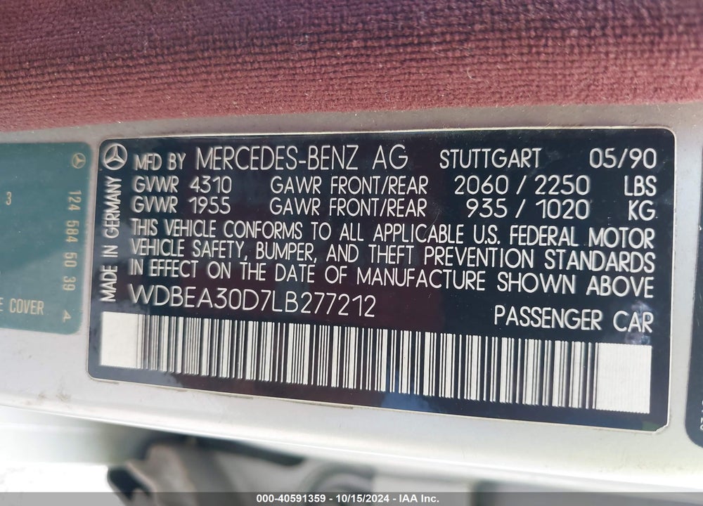 1990 MERCEDES-BENZ 300 E VIN: WDBEA30D7LB277212
