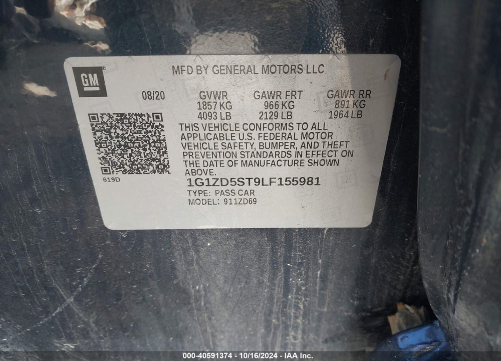 2020 CHEVROLET MALIBU FWD LT VIN: 1G1ZD5ST9LF155981