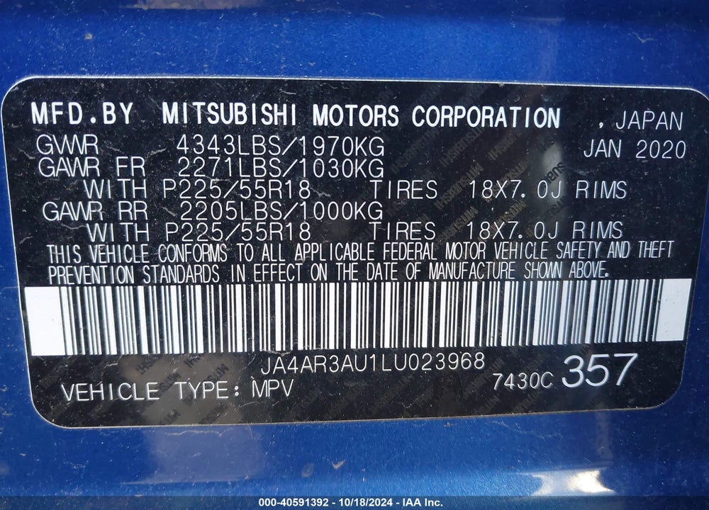 2020 MITSUBISHI OUTLANDER SPORT 2.0 SE VIN: JA4AR3AU1LU023968