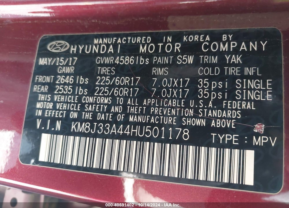 2017 HYUNDAI TUCSON SE VIN: KM8J33A44HU501178