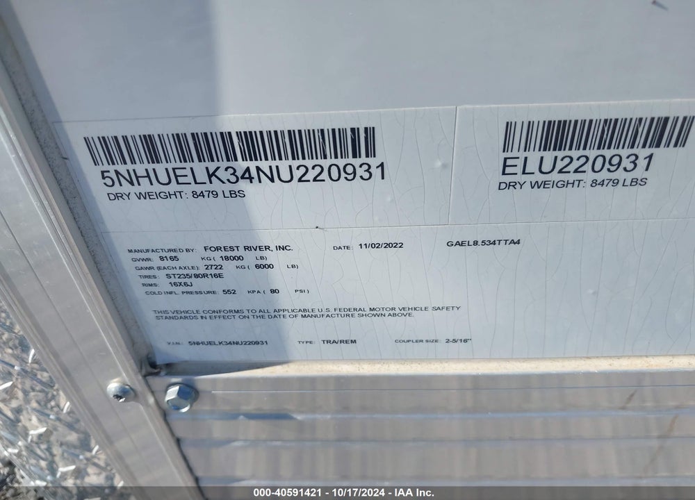 2022 FOREST RIVER CARMATE UTILITY TRAILER VIN: 5NHUELK34NU220931