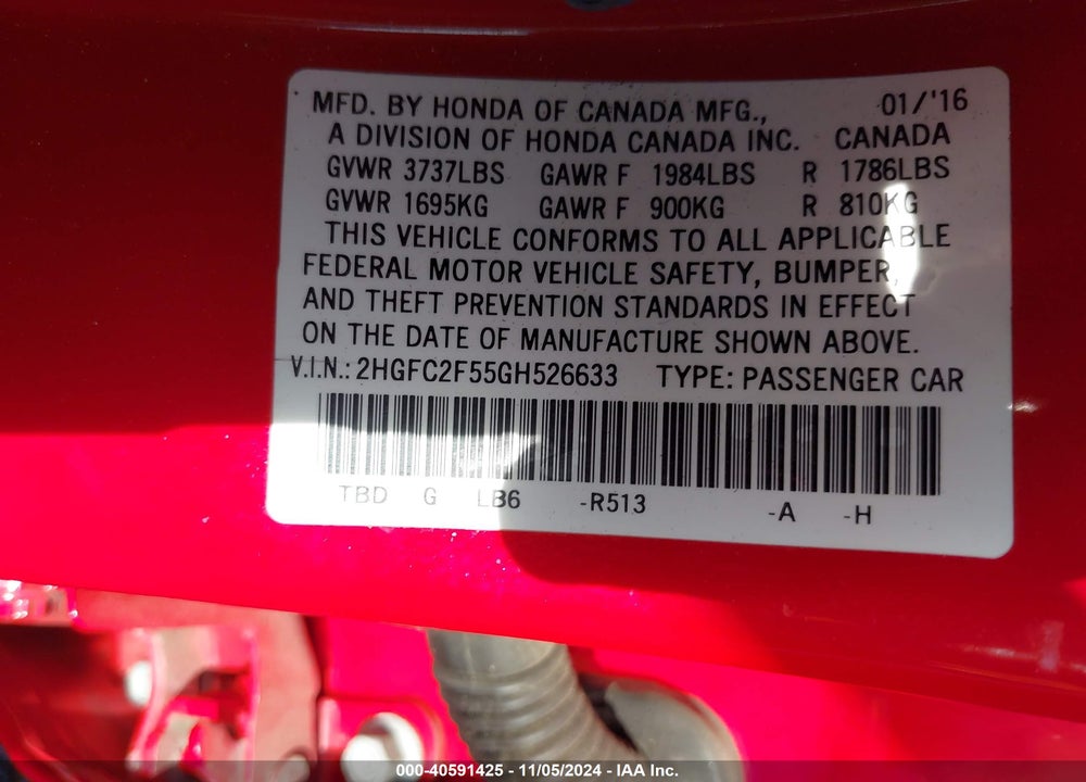 2016 HONDA CIVIC LX VIN: 2HGFC2F55GH526633