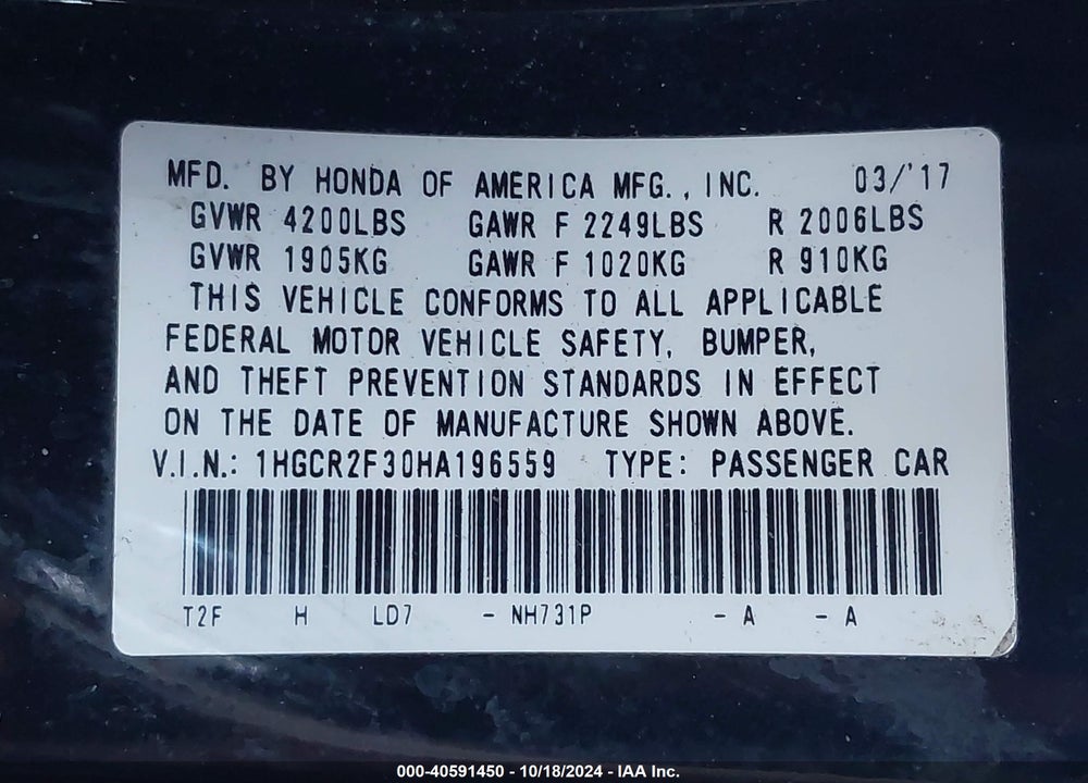 2017 HONDA ACCORD LX VIN: 1HGCR2F30HA196559