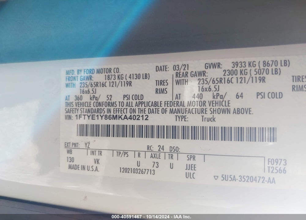 2021 FORD TRANSIT-150 CARGO VAN VIN: 1FTYE1Y86MKA40212
