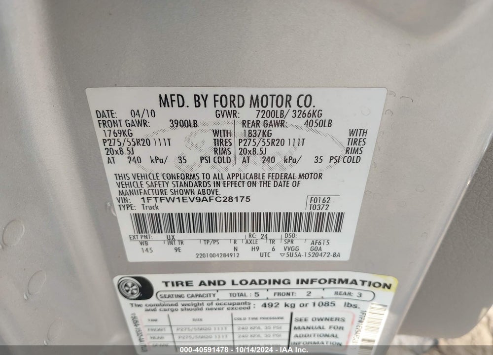 2010 FORD F-150 FX4/HARLEY-DAVIDSON/KING RANCH/LARIAT/PLATINUM/XL/XLT VIN: 1FTFW1EV9AFC28175