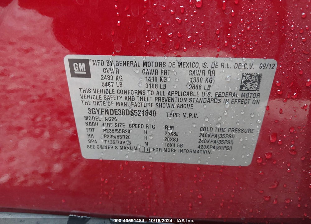 2013 CADILLAC SRX PERFORMANCE COLLECTION VIN: 3GYFNDE38DS521840