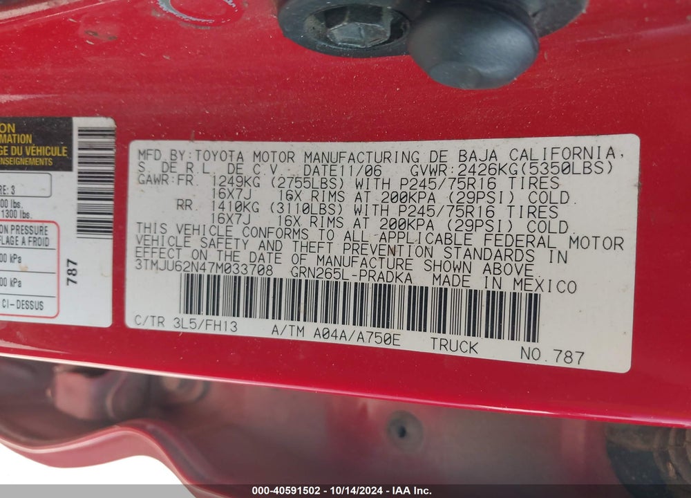 2007 TOYOTA TACOMA PRERUNNER V6 VIN: 3TMJU62N47M033708