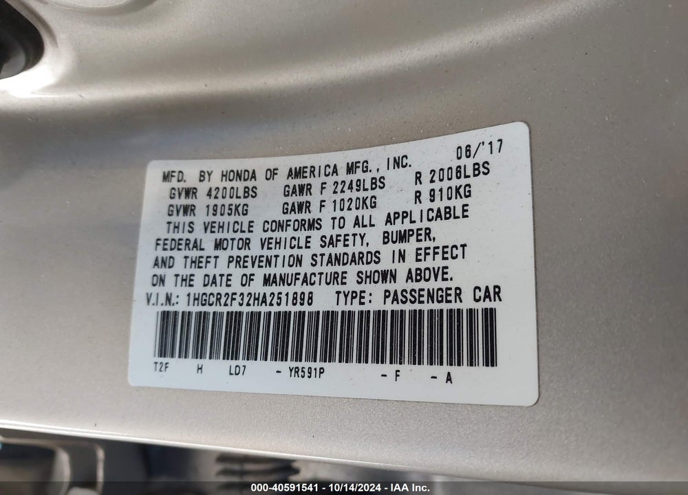 2017 HONDA ACCORD LX VIN: 1HGCR2F32HA251898
