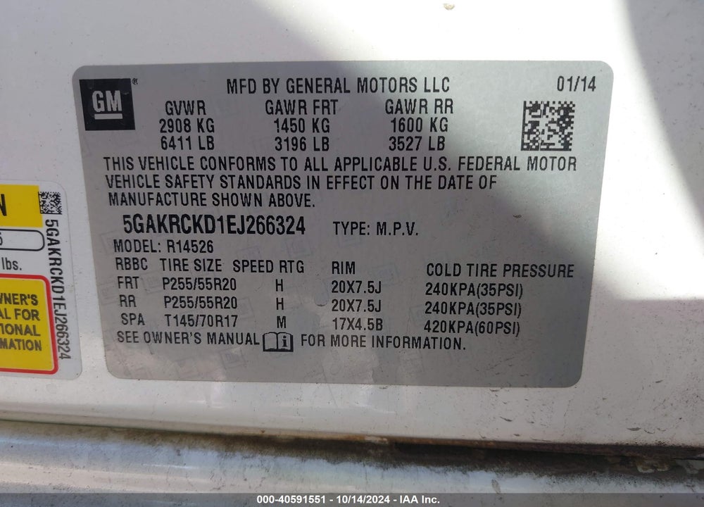 2014 BUICK ENCLAVE PREMIUM VIN: 5GAKRCKD1EJ266324