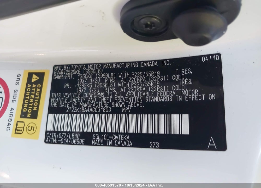 2010 LEXUS RX 350 VIN: 2T2ZK1BA4AC031803