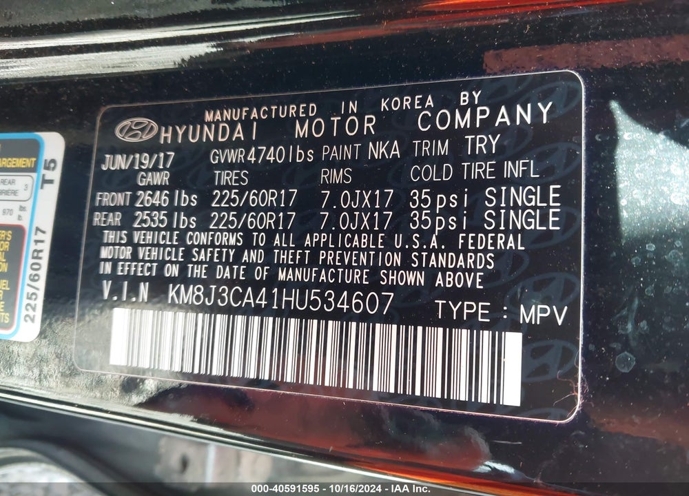 2017 HYUNDAI TUCSON SE VIN: KM8J3CA41HU534607