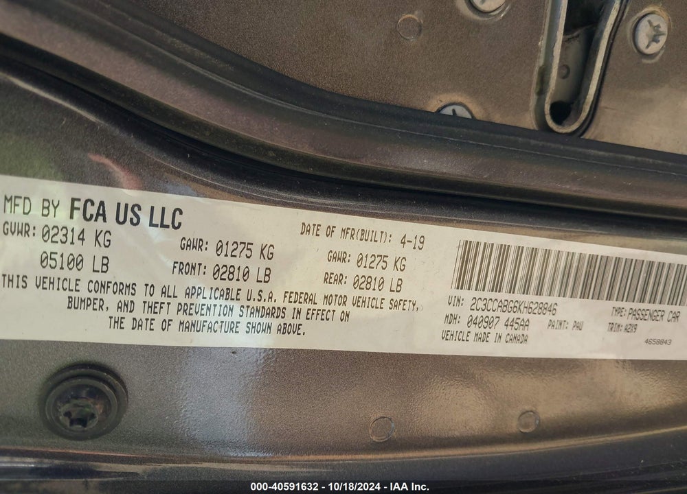 2019 CHRYSLER 300 300S VIN: 2C3CCABG6KH628846