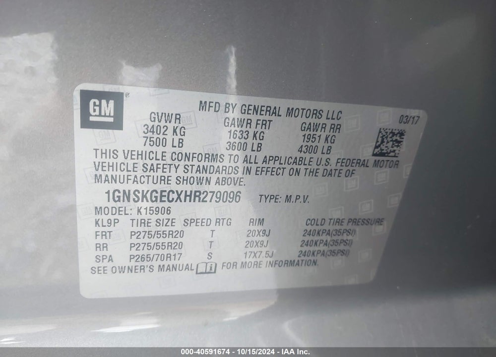 2017 CHEVROLET SUBURBAN LS VIN: 1GNSKGECXHR279096