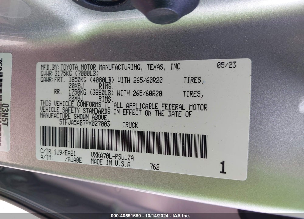 2023 TOYOTA TUNDRA LIMITED VIN: 5TFJA5AB7PX027003