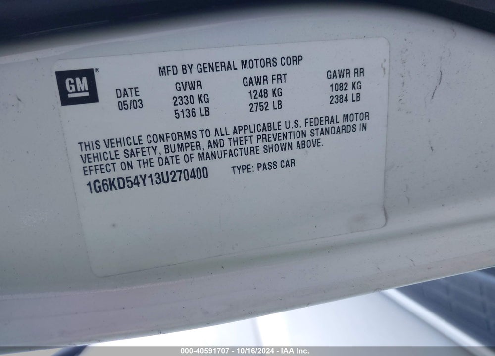 2003 CADILLAC DEVILLE STANDARD VIN: 1G6KD54Y13U270400
