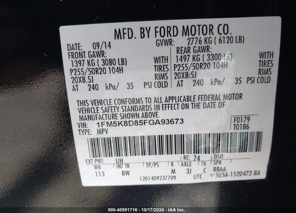 2015 FORD EXPLORER XLT VIN: 1FM5K8D85FGA93673