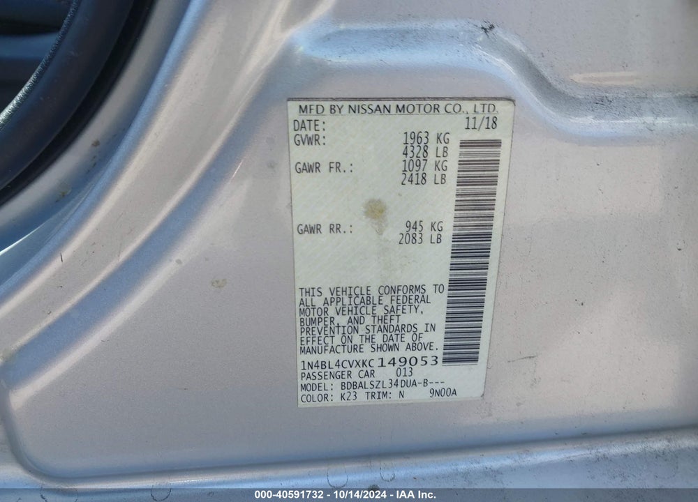 2019 NISSAN ALTIMA 2.5 SR VIN: 1N4BL4CVXKC149053