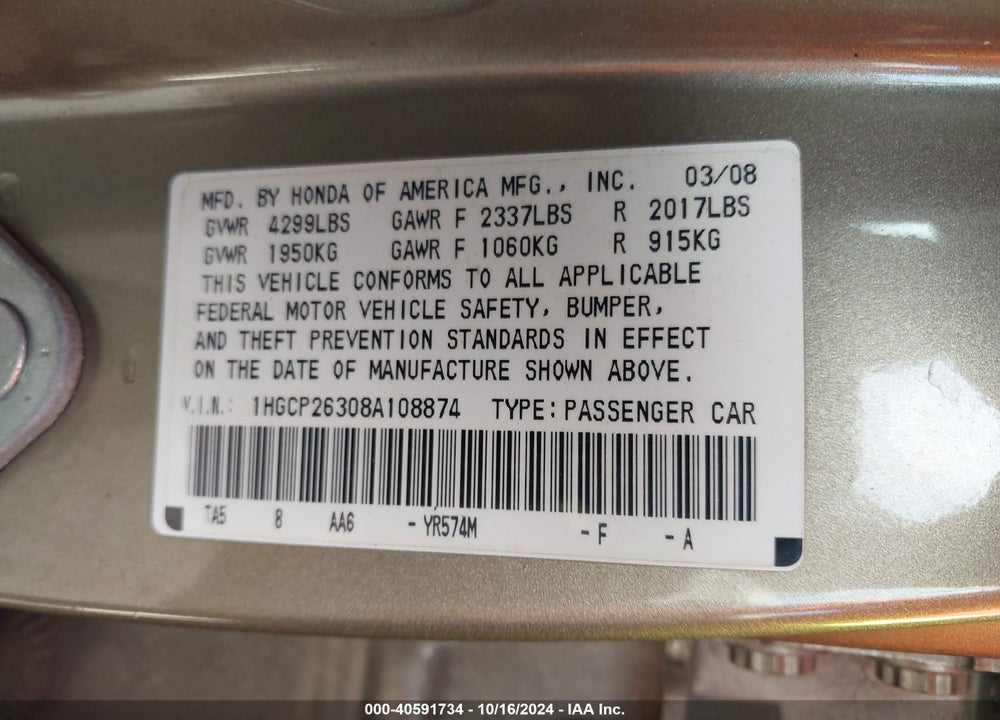 2008 HONDA ACCORD 2.4 LX VIN: 1HGCP26308A108874