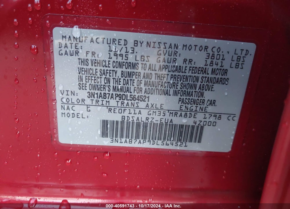 2013 NISSAN SENTRA SR VIN: 3N1AB7AP9DL564521