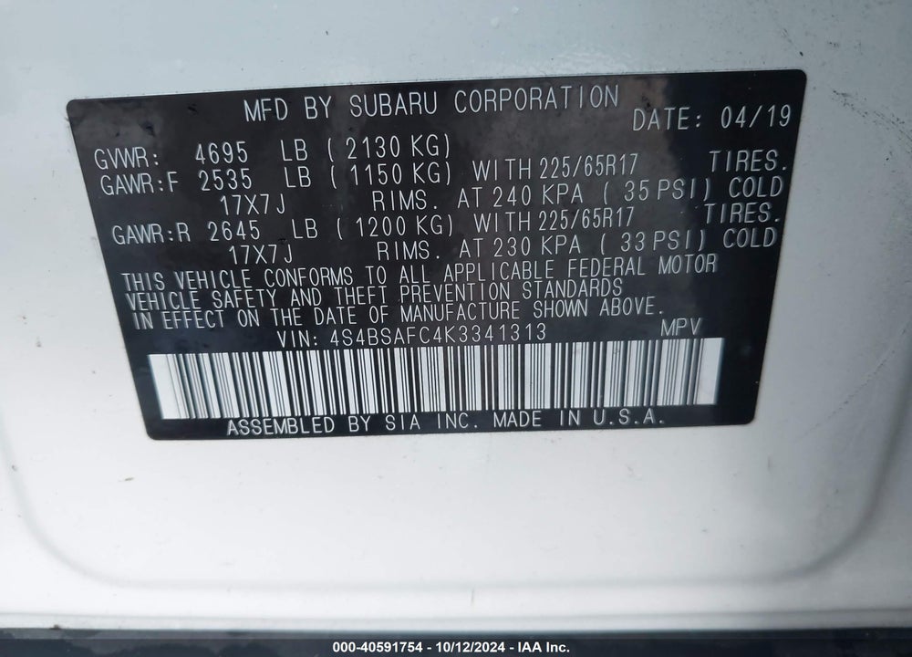 2019 SUBARU OUTBACK 2.5I PREMIUM VIN: 4S4BSAFC4K3341313