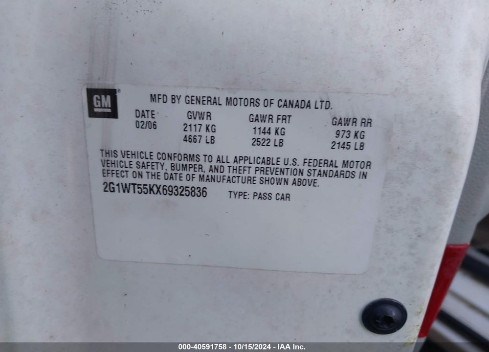 2006 CHEVROLET IMPALA LT VIN: 2G1WT55KX69325836