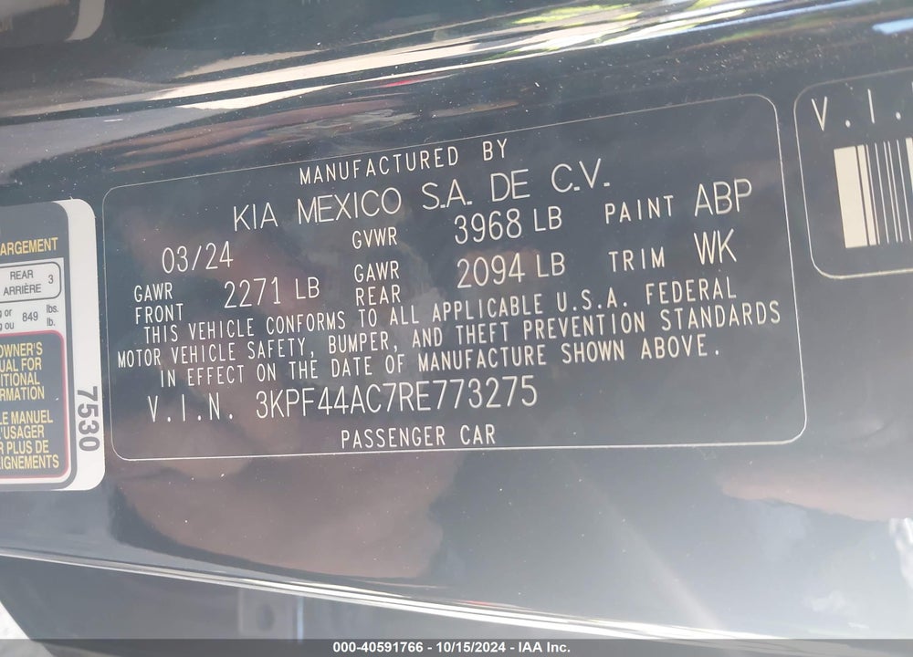 2024 KIA FORTE GT VIN: 3KPF44AC7RE773275