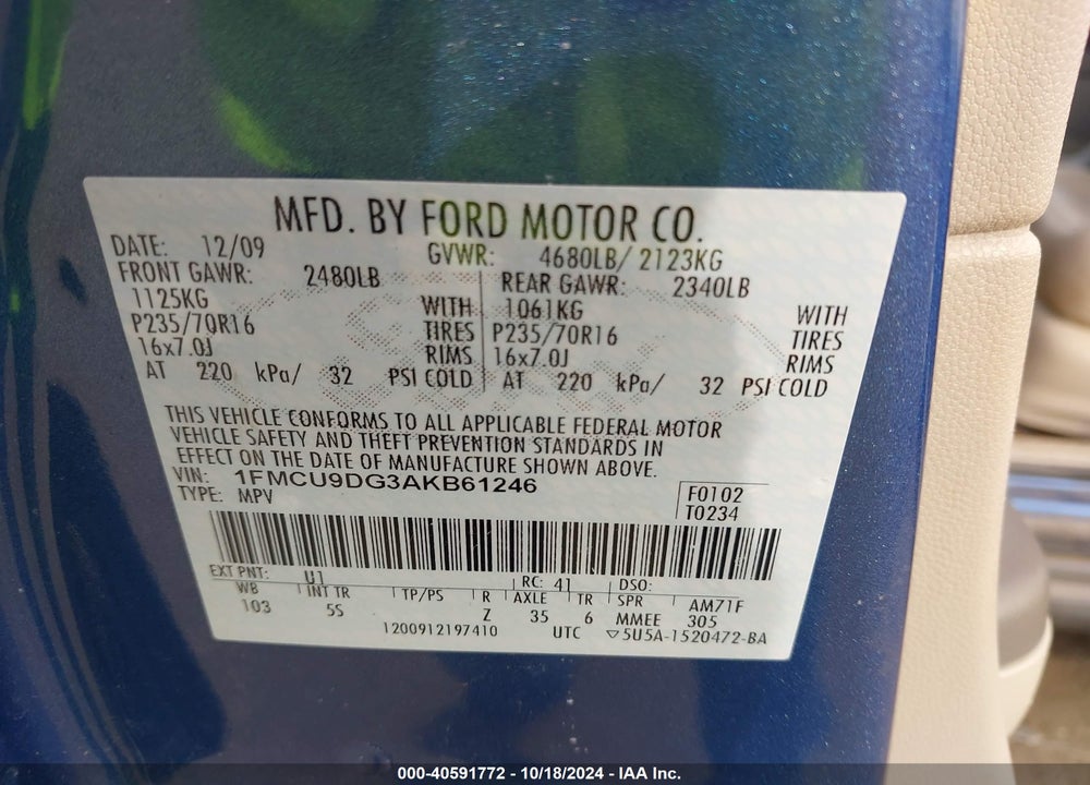 2010 FORD ESCAPE XLT VIN: 1FMCU9DG3AKB61246