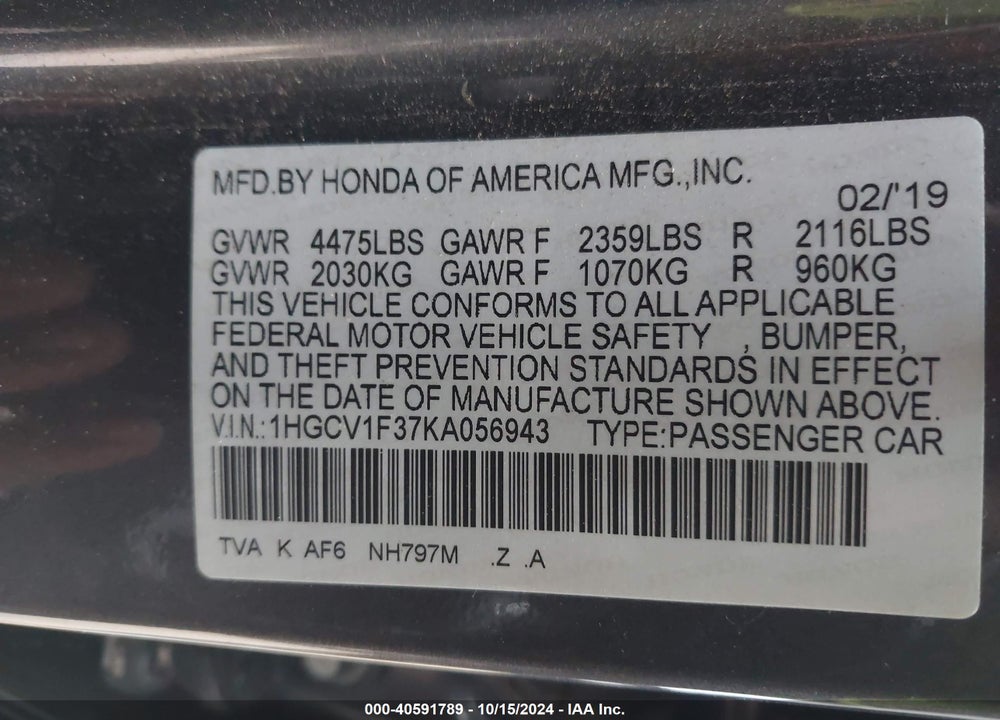 2019 HONDA ACCORD SPORT VIN: 1HGCV1F37KA056943