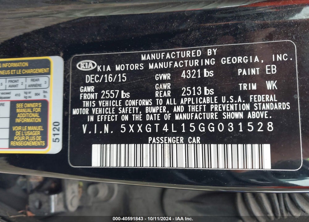 2016 KIA OPTIMA LX TURBO VIN: 5XXGT4L15GG031528