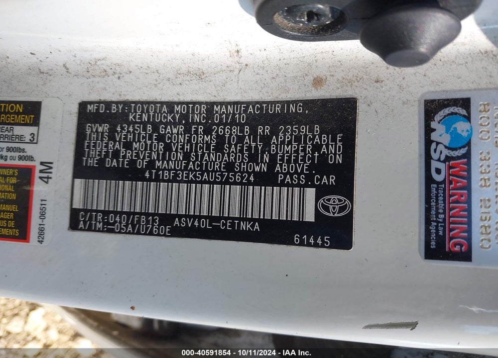 2010 TOYOTA CAMRY LE VIN: 4T1BF3EK5AU575624