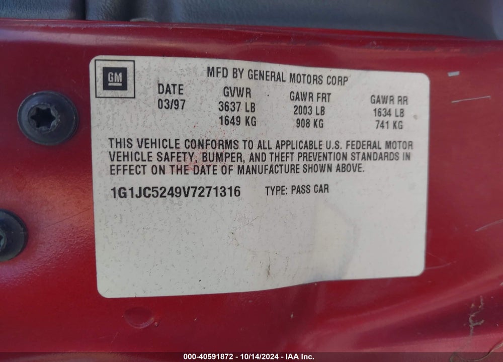 1997 CHEVROLET CAVALIER VIN: 1G1JC5249V7271316