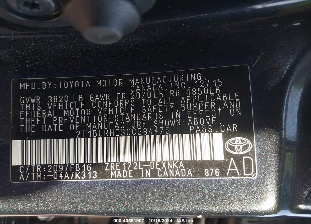 2016 TOYOTA COROLLA LE VIN: 2T1BURHE3GC584475