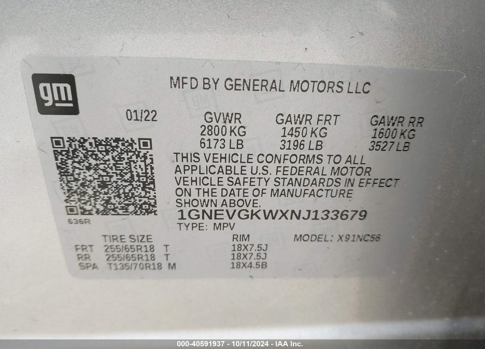 2022 CHEVROLET TRAVERSE AWD LT CLOTH VIN: 1GNEVGKWXNJ133679