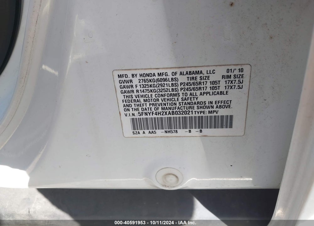 2010 HONDA PILOT LX VIN: 5FNYF4H2XAB032021