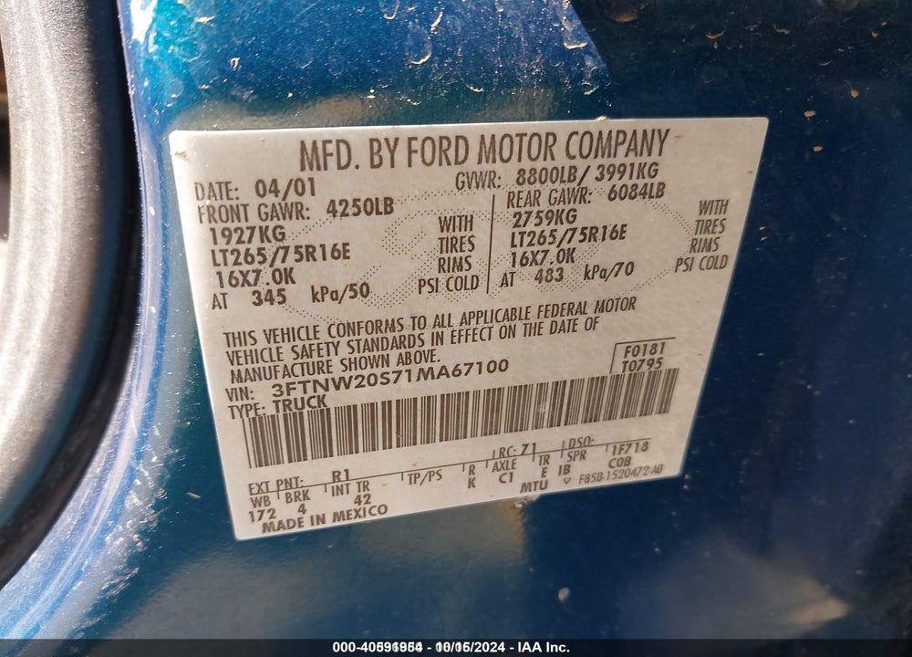 2001 FORD F-250 LARIAT/XL/XLT VIN: 3FTNW20S71MA67100