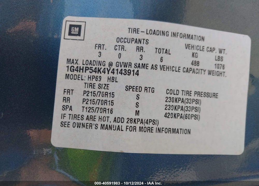 2000 BUICK LESABRE CUSTOM VIN: 1G4HP54K4Y4143914