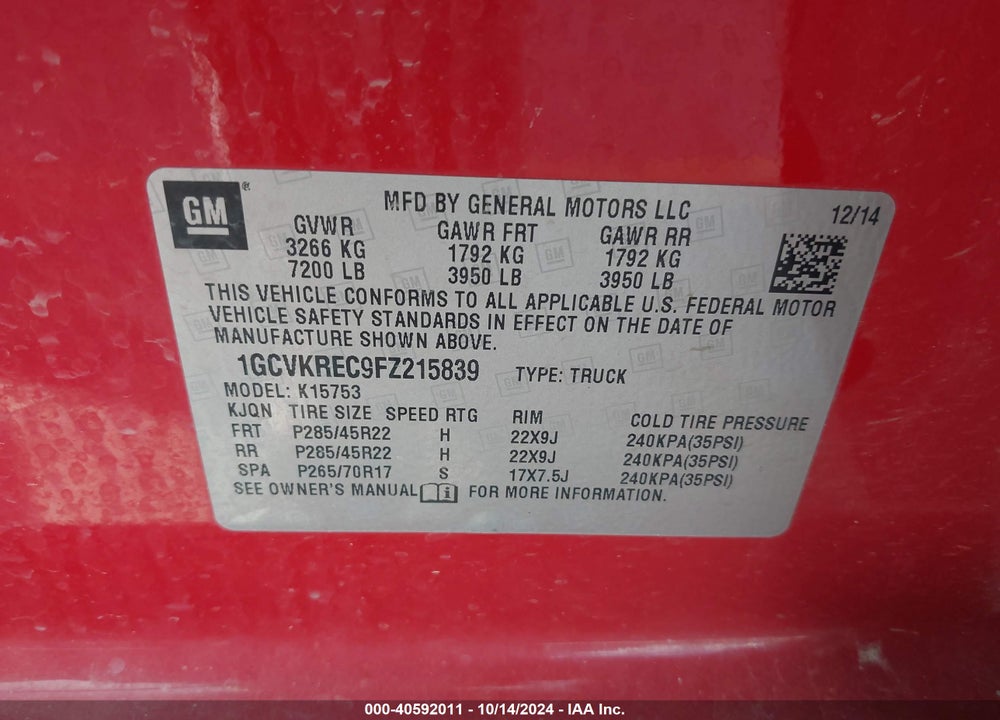 2015 CHEVROLET SILVERADO 1500 1LT VIN: 1GCVKREC9FZ215839